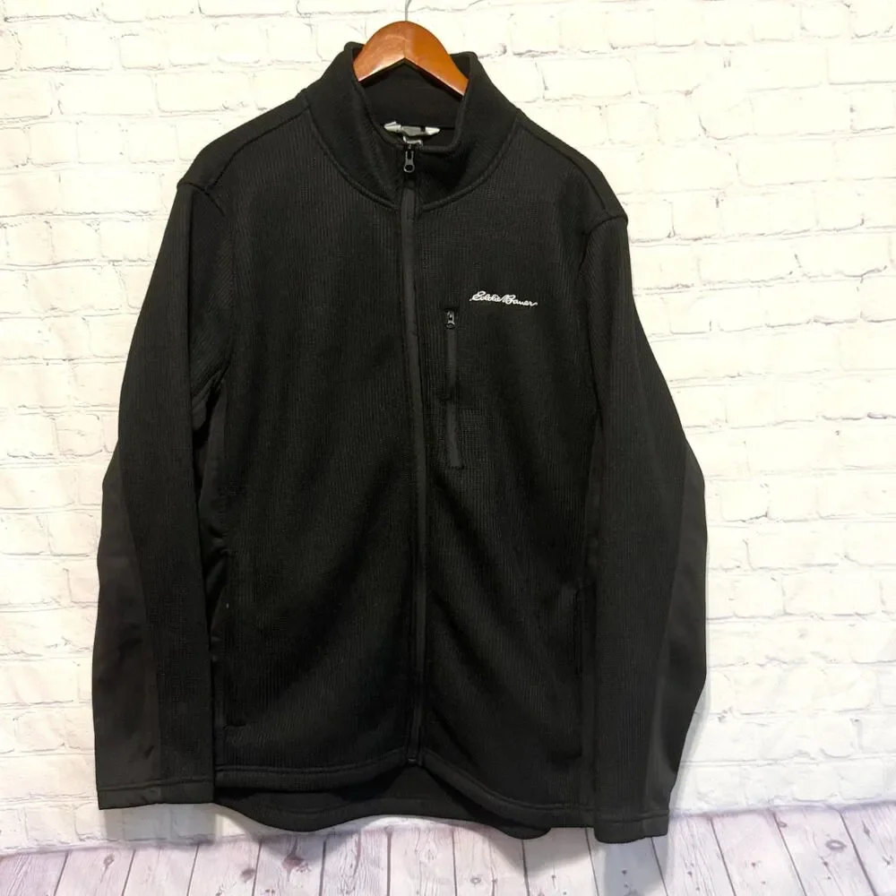 Eddie Bauer Mens XL Full Zip Fleece Jacket Black Textured Knit Outdoor Sweater